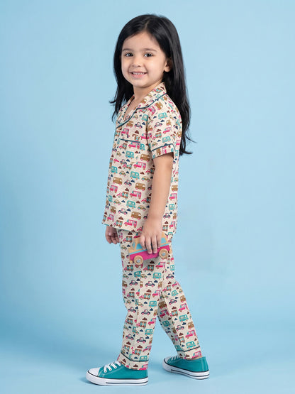 Breathables Woven Cotton Half Sleeves Bus Cars Shirt & Pyjama White
