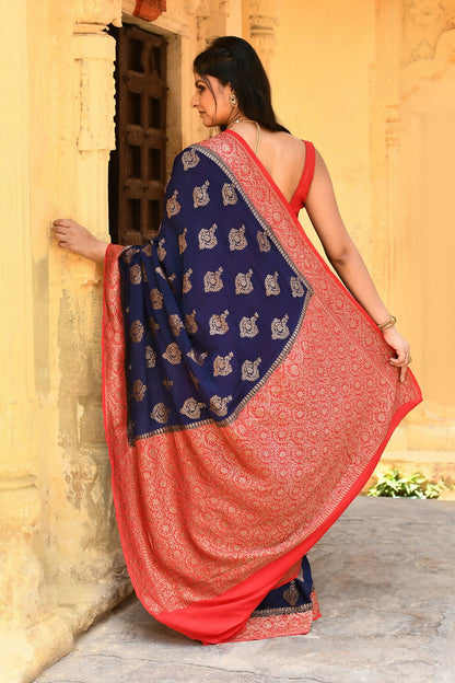 Joban Fashion Navy Blue Crepe Chiffon Pure Handloom Banarasi Silk Saree