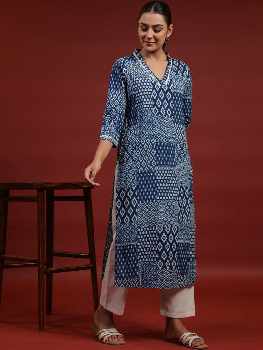 Anayna Geometric Printed V-Neck Pure Cotton Straight Kurta