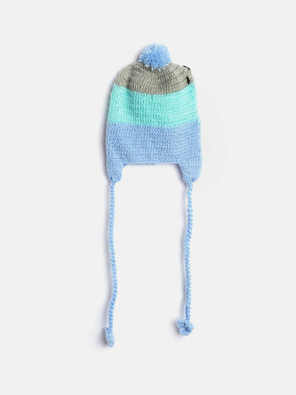 Chutput Kids Woollen Hand Knitted Trip Scenery Bobble Detailed Cap - Blue