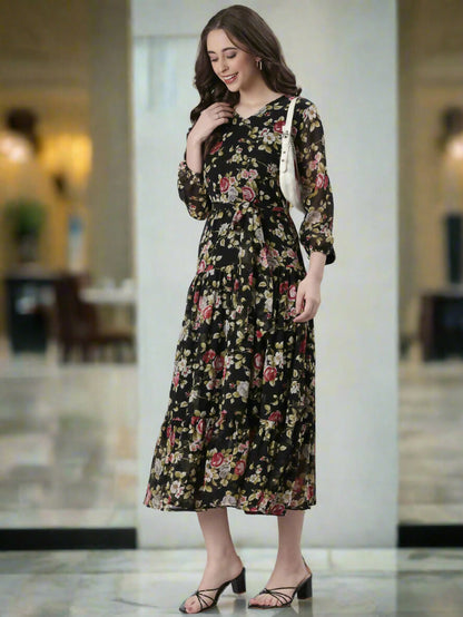 Souchii Black Floral Chiffon Dress