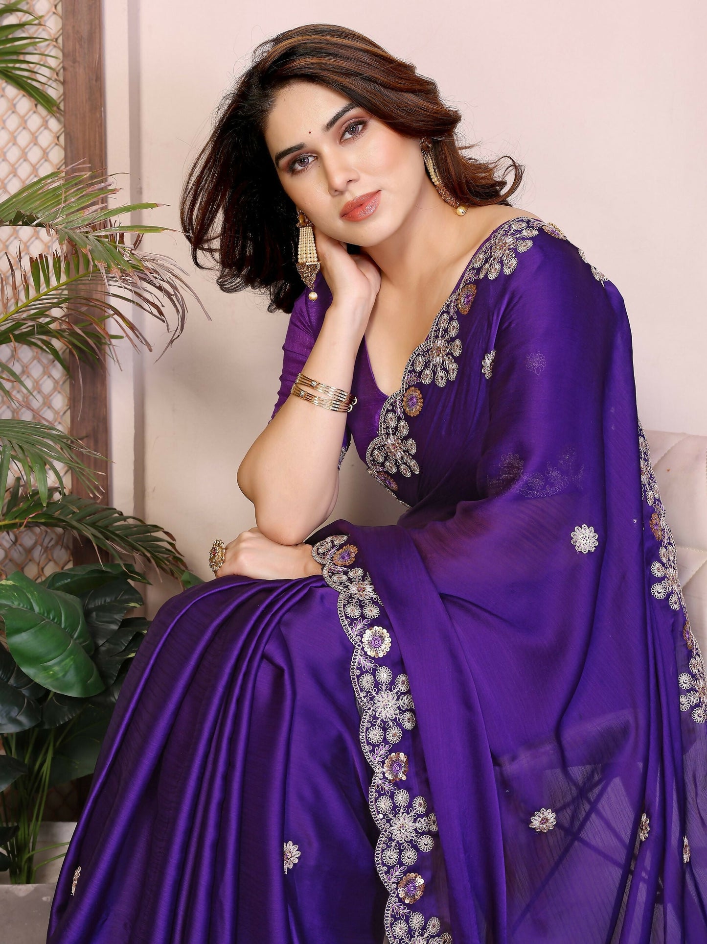 Teeya Creation New Trendy Party Wear Soft Satin Chiffon Saree-Purple