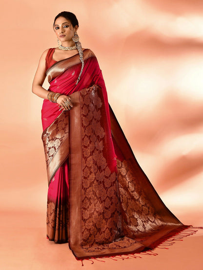 Joban Fashion Rani Pink & Bottle Green Plain With Weaving Border Banarasi Silk Sarees