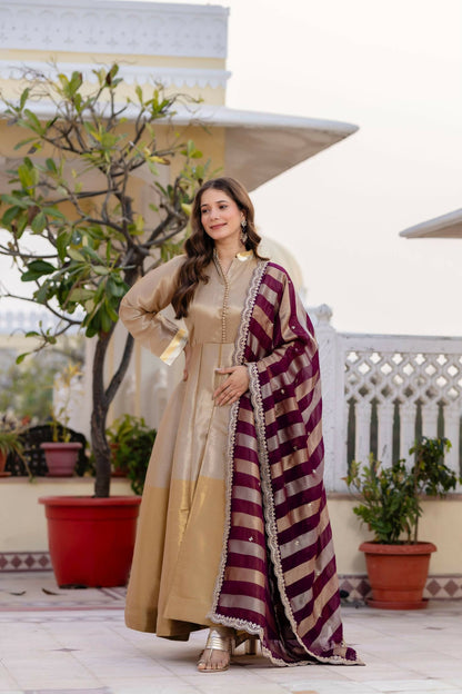 Teeya Creation Multi Color Pure Banarasi Viscose Wedding Wear Long Gown