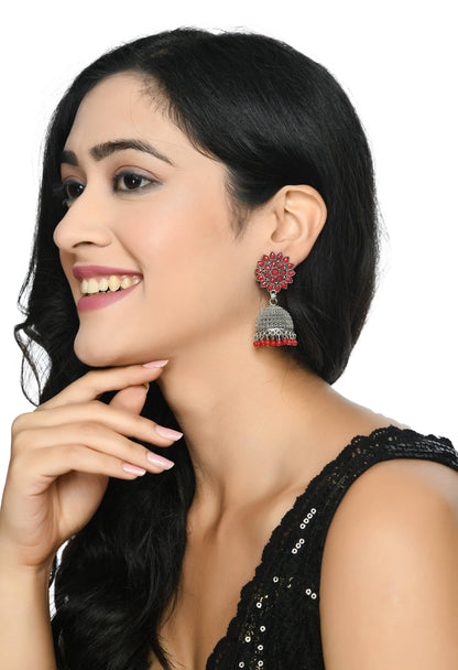 Mominos Fashion Johar Kamal Kundan Work Jhumka With Red Beads