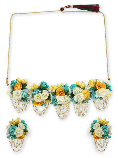 Flower Jewellery Gold-Polished Turquoise Blue Floral Jewellery Set - Ruby Raang