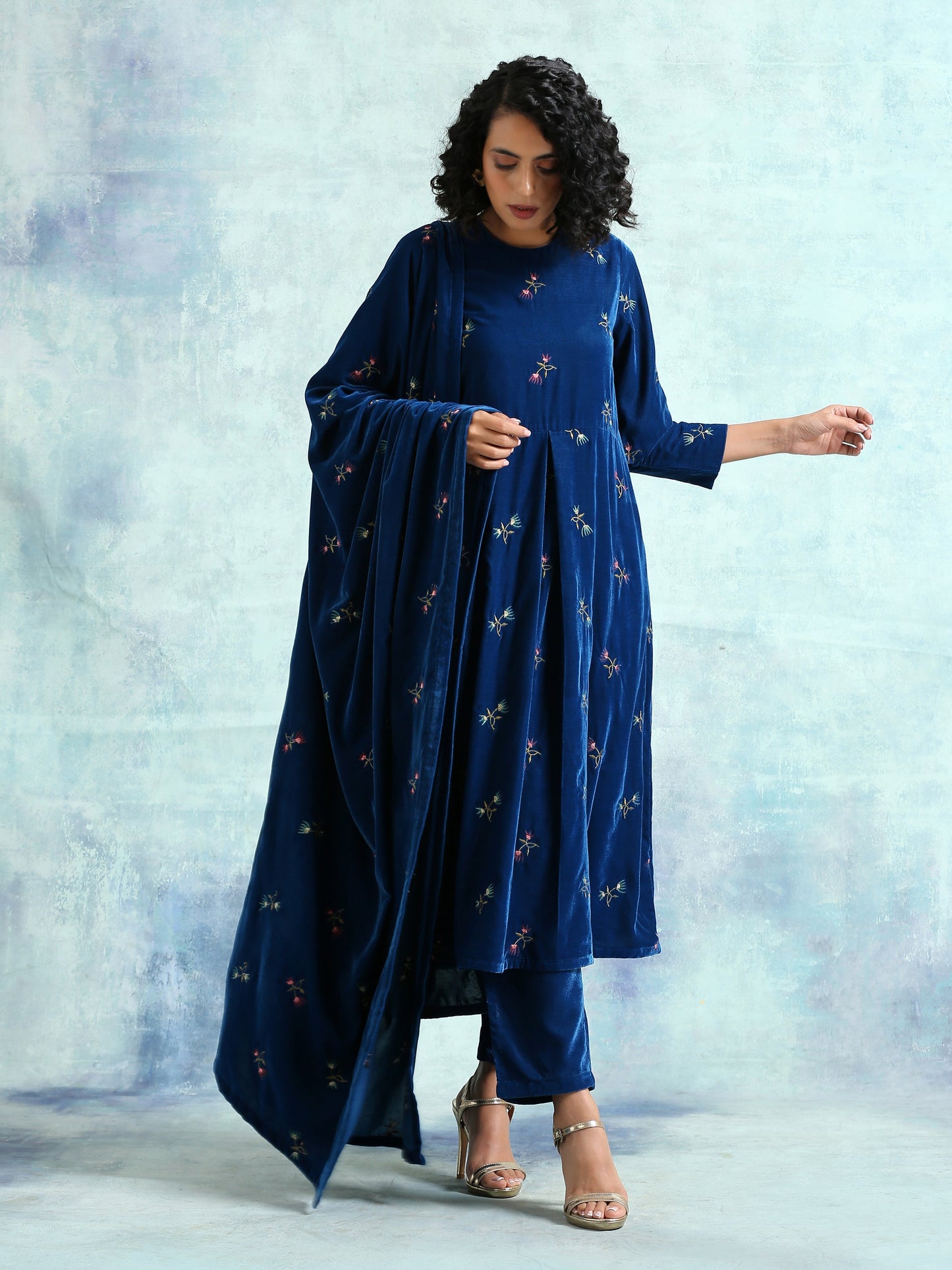 trueBrowns Blue Embroidered Velvet Shawl