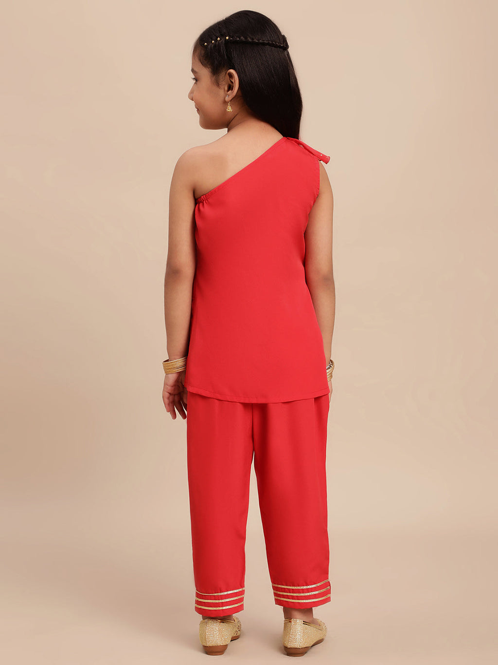 Ahalyaa Girls Red Embellished Ruffled Kurta with Trousers