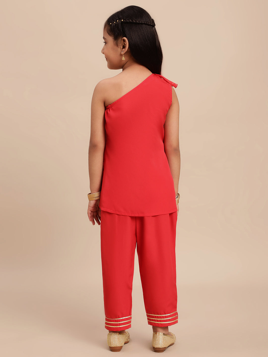 Ahalyaa Girls Red Embellished Ruffled Kurta with Trousers