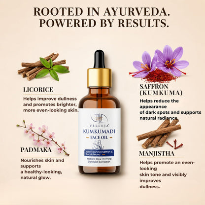 Velleja Kumkumadi Face Oil with Kashmiri Saffron & Sandalwood | Ayurvedic Anti Aging Face Serum for Brightening, Dark Spots & Pigmentation