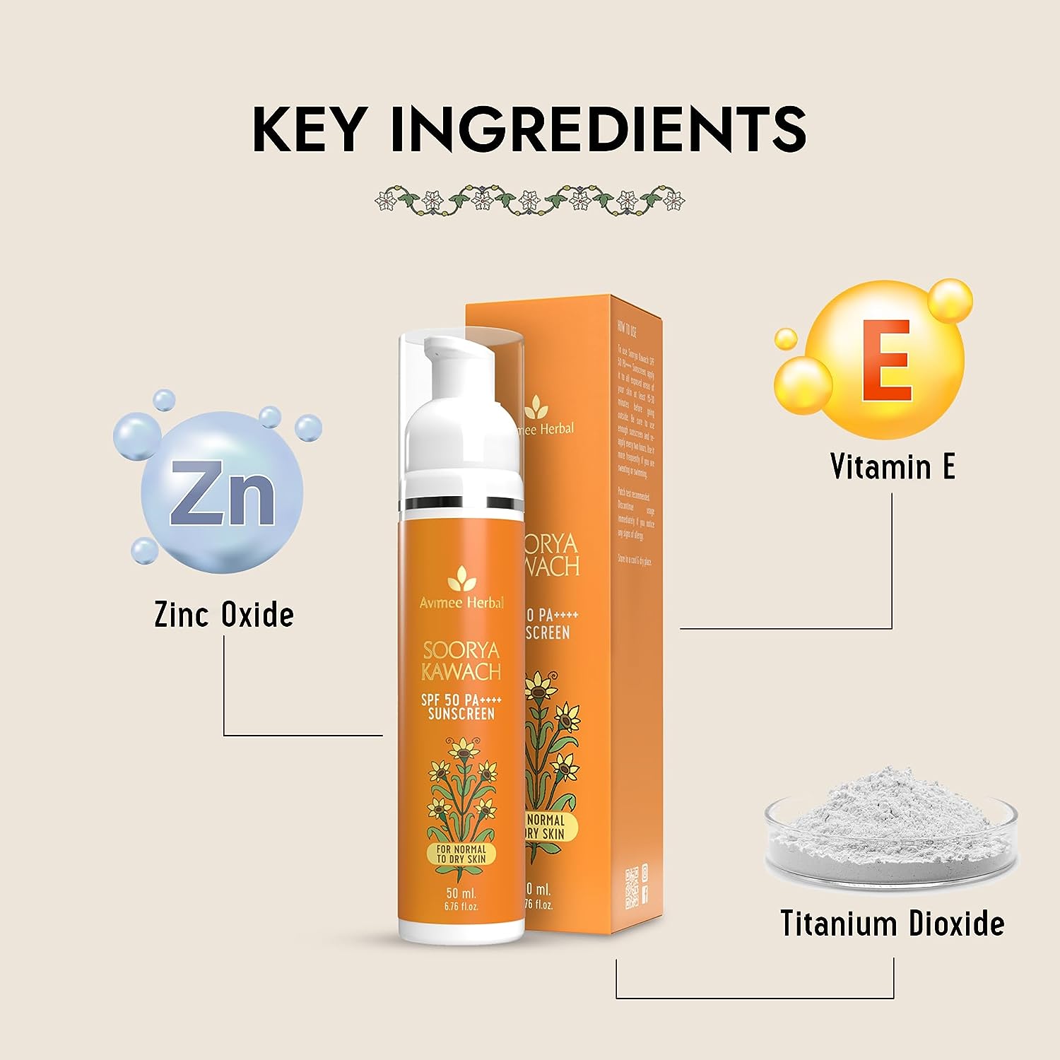 Avimee Herbal Soorya Kawach Sunscreen SPF 50 PA++++ No White Cast, Non Greasy, Light Weight 50 ML