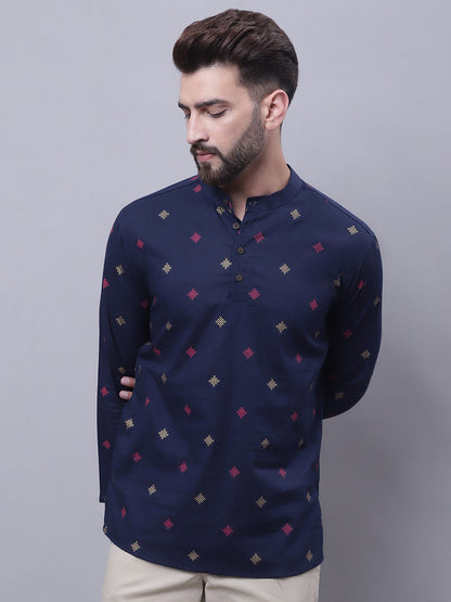 Even Apparels Blue Pure Cotton Short Kurta With Band Collar