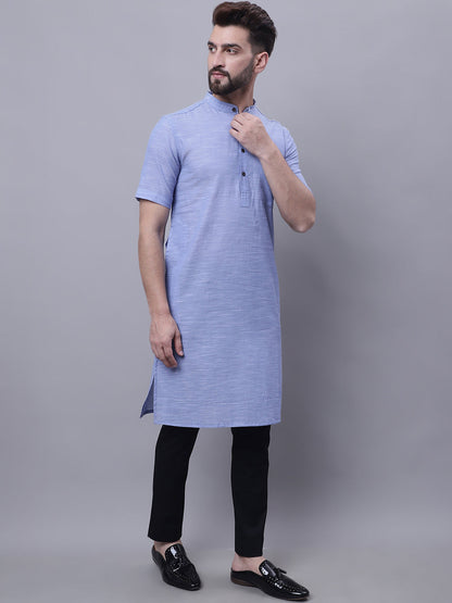 Even Apparels Blue Pure Cotton Short Sleeves Kurta With Band Collar