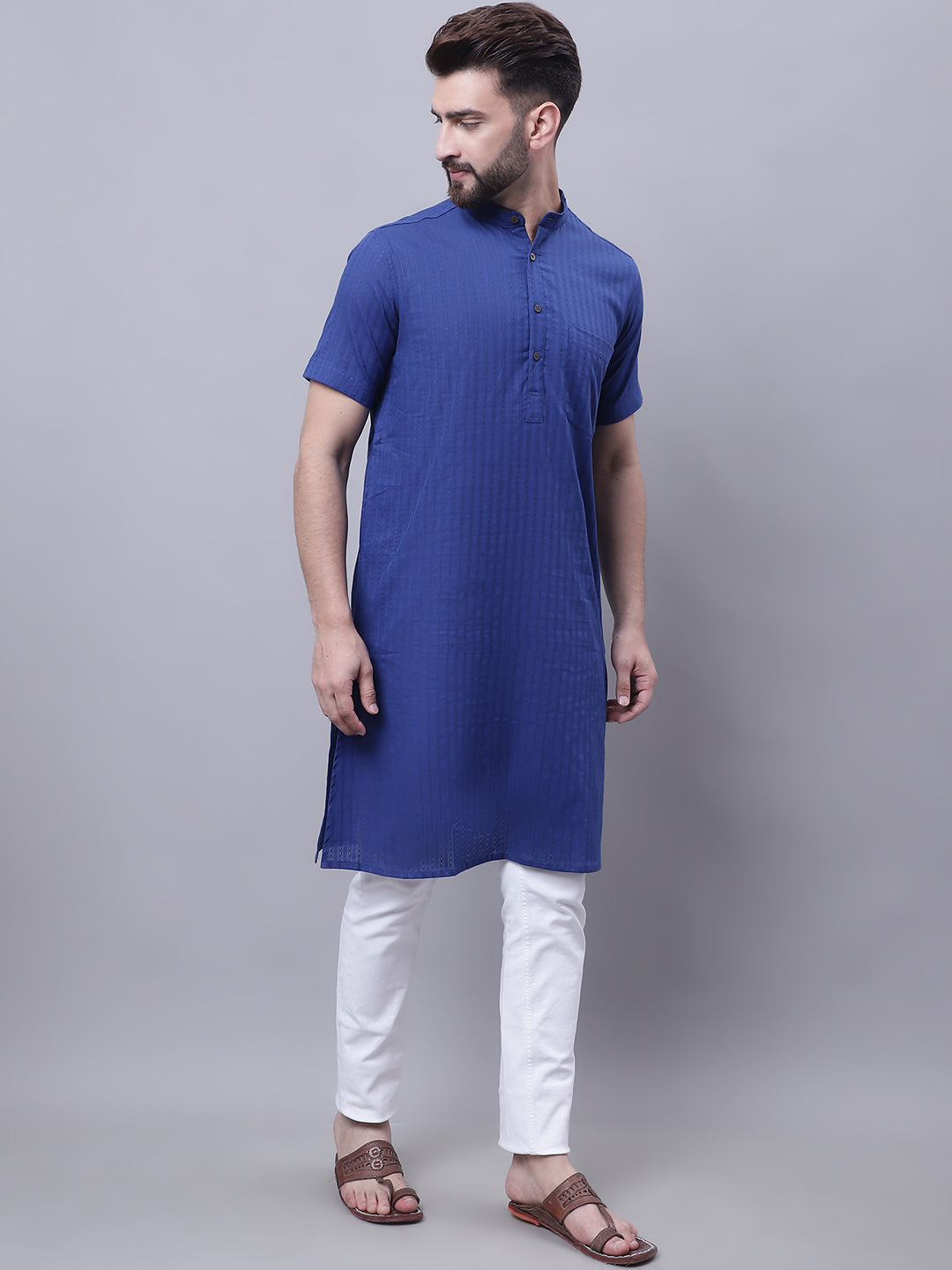Even Apparels Blue Pure Cotton Short Sleeves Kurta With Band Collar