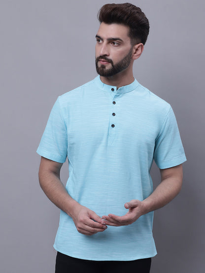 Even Apparels Blue Pure Cotton Short Kurta With Band Collar