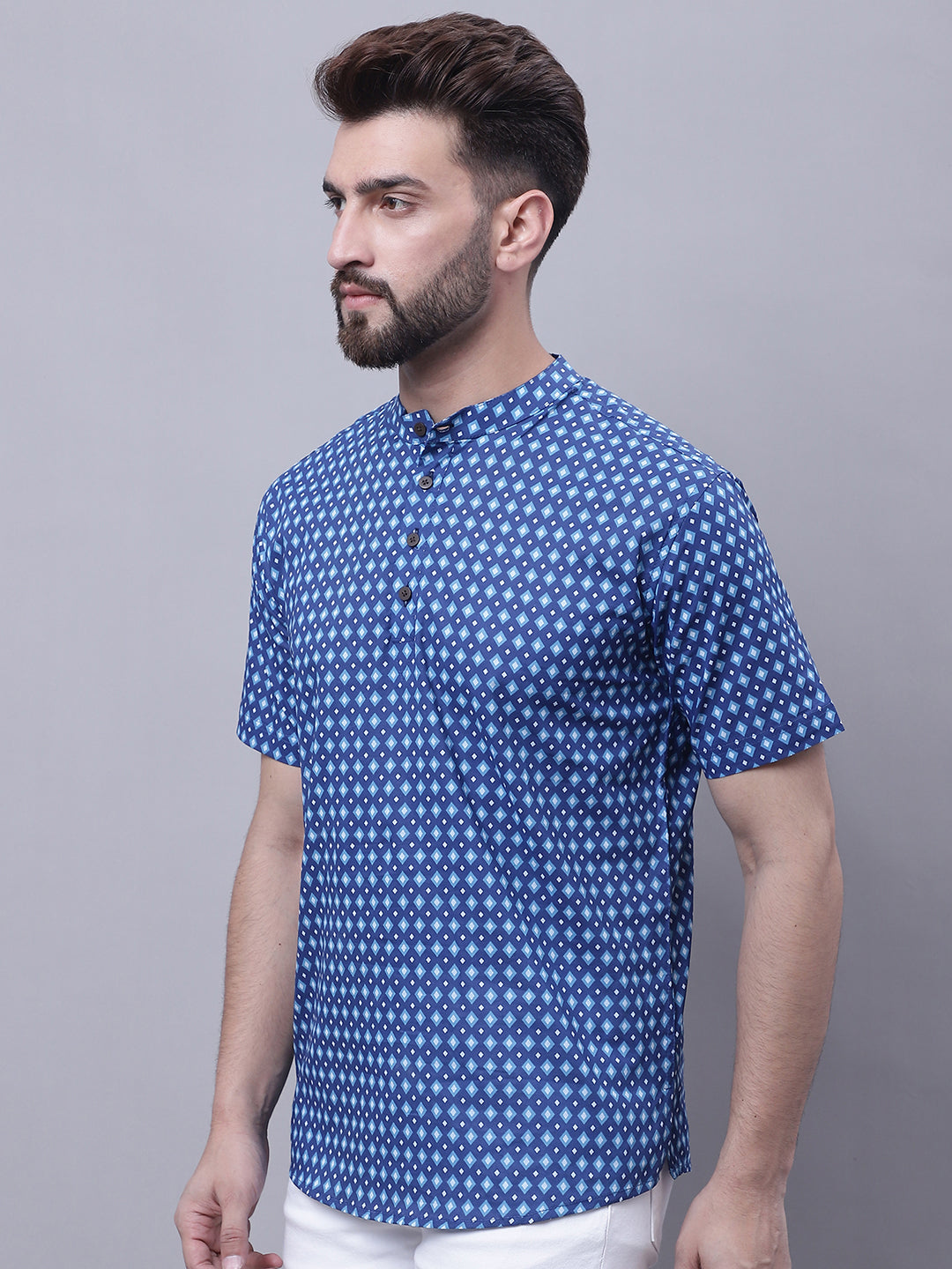 Even Apparels Blue Pure Cotton Short Kurta With Band Collar