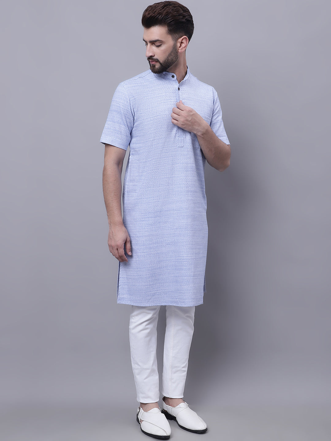 Even Apparels Blue Pure Cotton Short Sleeves Kurta With Band Collar