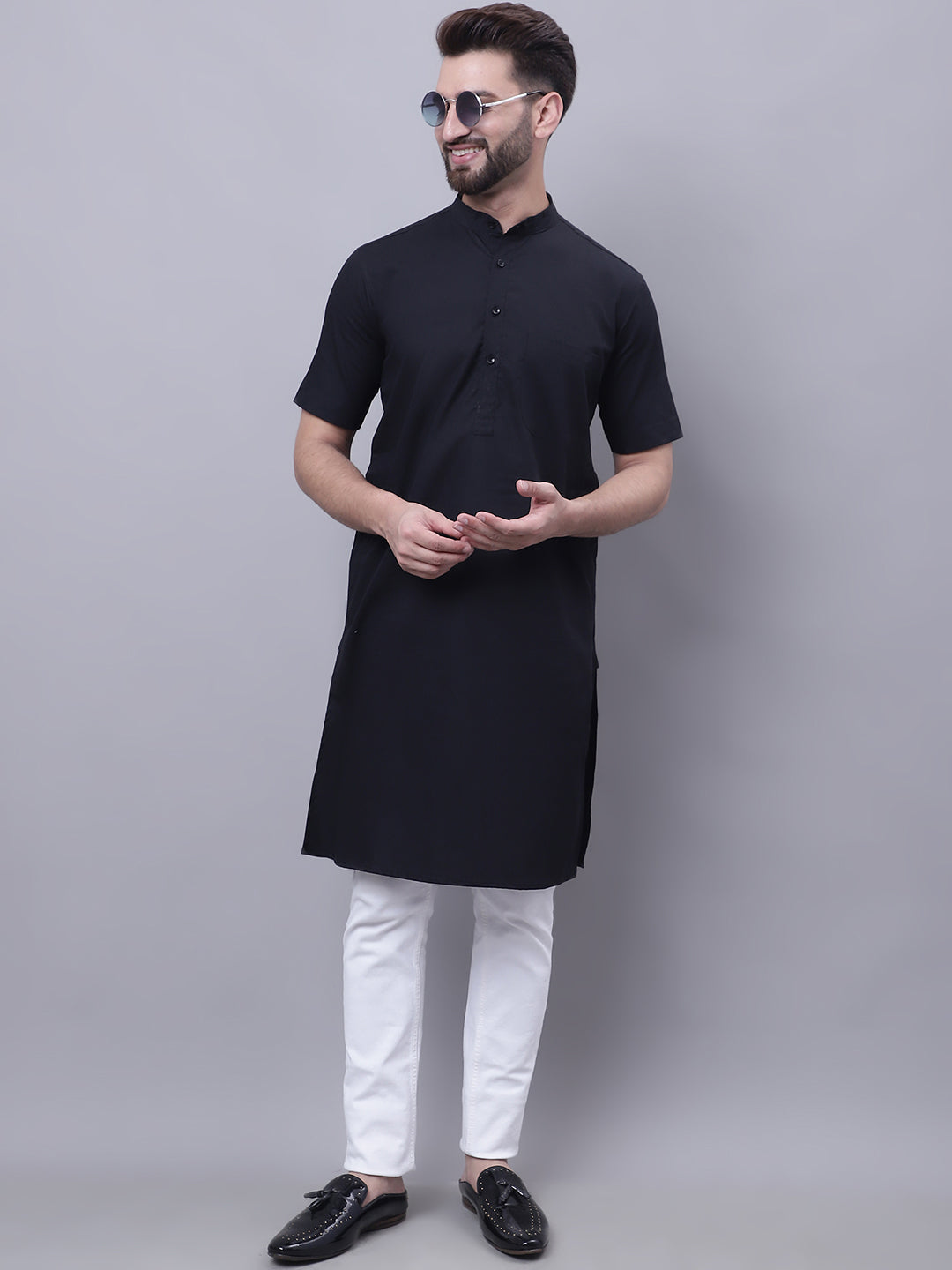 Even Apparels Black Pure Cotton Short Sleeves Kurta With Band Collar