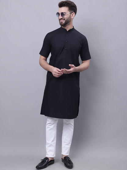 Even Apparels Black Pure Cotton Short Sleeves Kurta With Band Collar