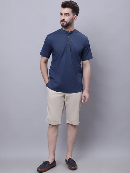 Even Apparels Blue Pure Cotton Short Kurta With Band Collar