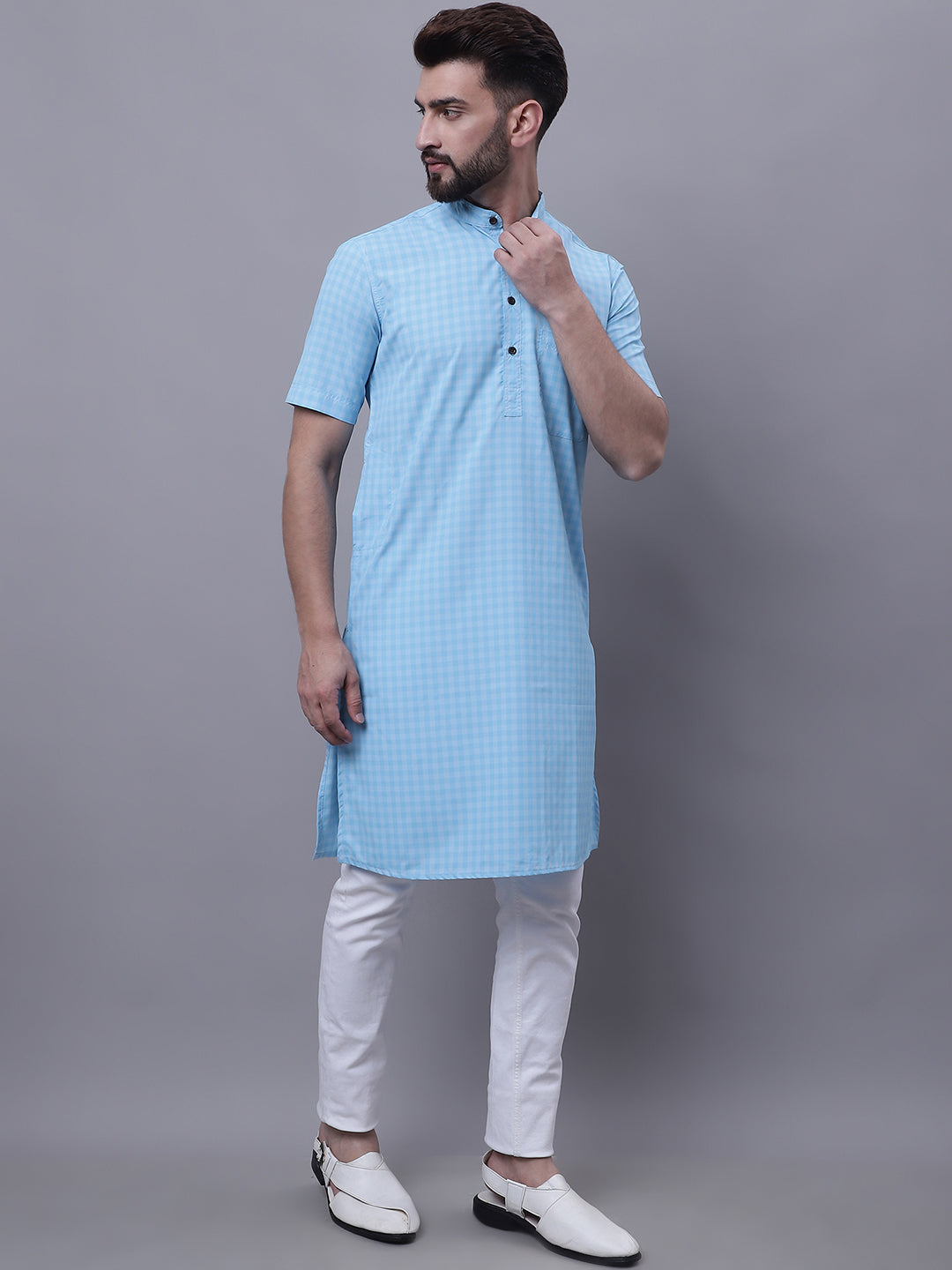 Even Apparels Blue Pure Cotton Short Sleeves Kurta With Band Collar