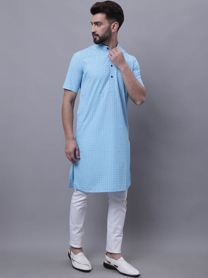 Even Apparels Blue Pure Cotton Short Sleeves Kurta With Band Collar
