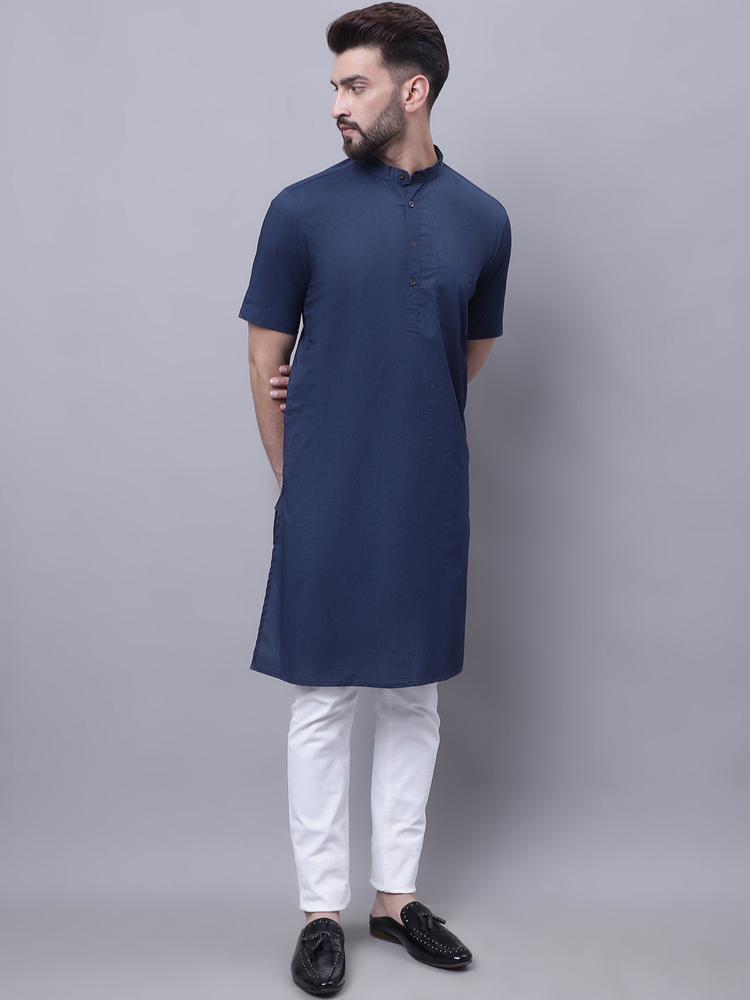 Even Apparels Blue Pure Cotton Short Sleeves Kurta With Band Collar