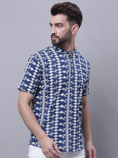 Even Apparels Blue Pure Cotton Short Kurta With Band Collar