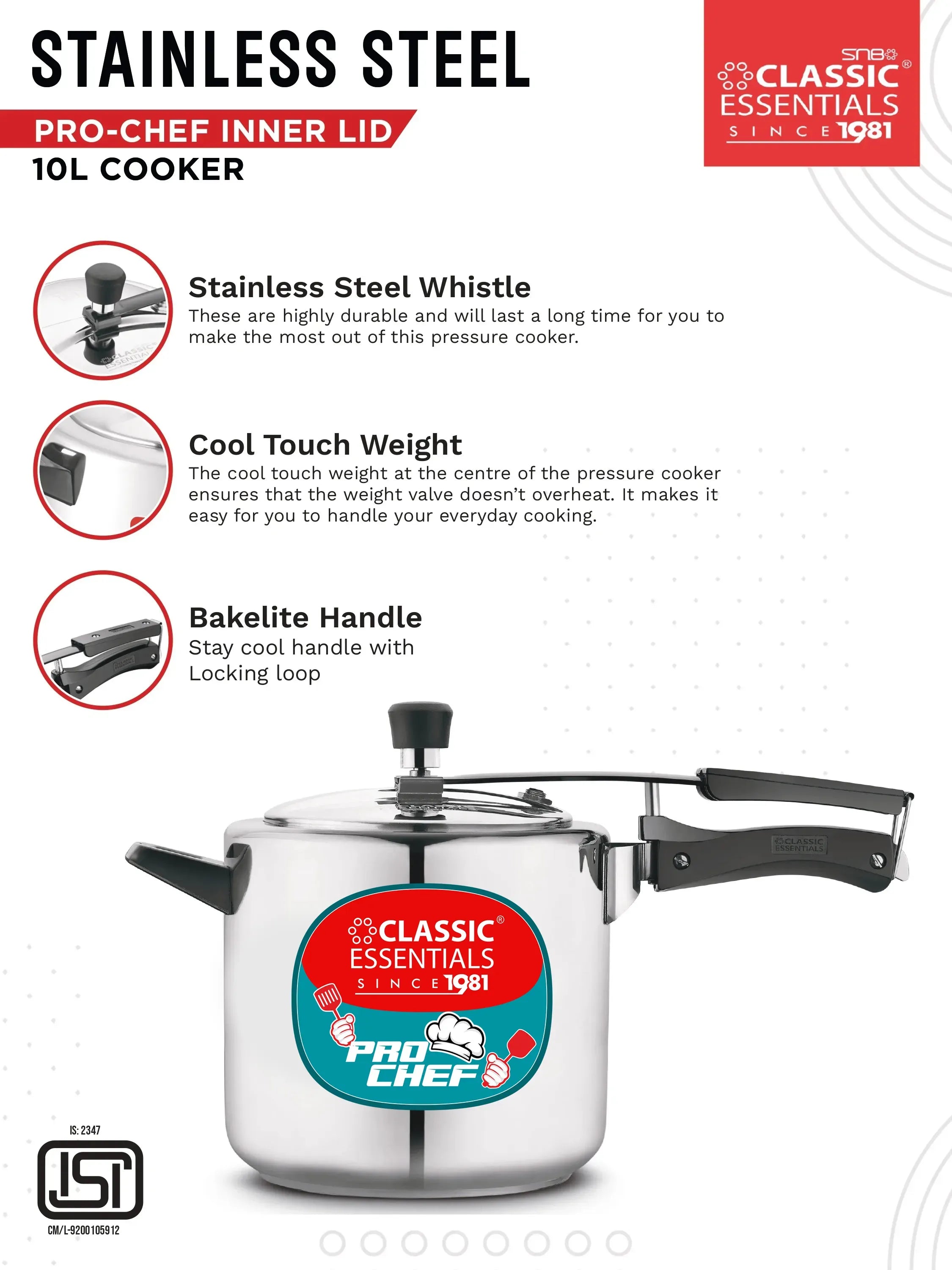 Classic Essentials Pro Chef Stainless Steel Pressure Straight Cooker Induction Base