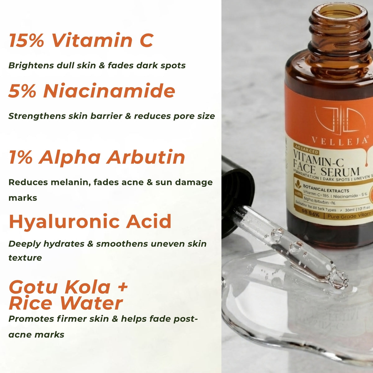 Velleja 15% Vitamin C Brightening Serum | Advanced Dark Spot & Pigmentation Corrector