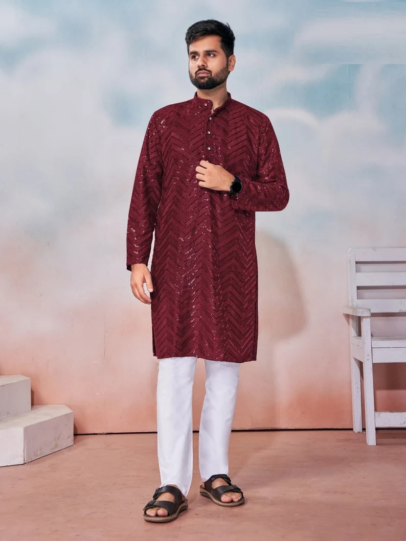 Heavy Rayon Chikan Work Kurta Pajama Combo For Men's