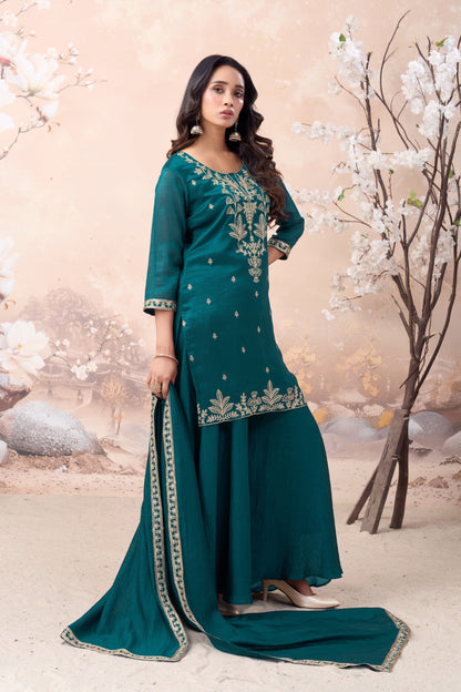 Anaita Teal Vichitra Silk Readymade Suit with Coding Work