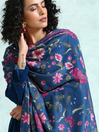 trueBrowns Blue Printed Velvet Shawl