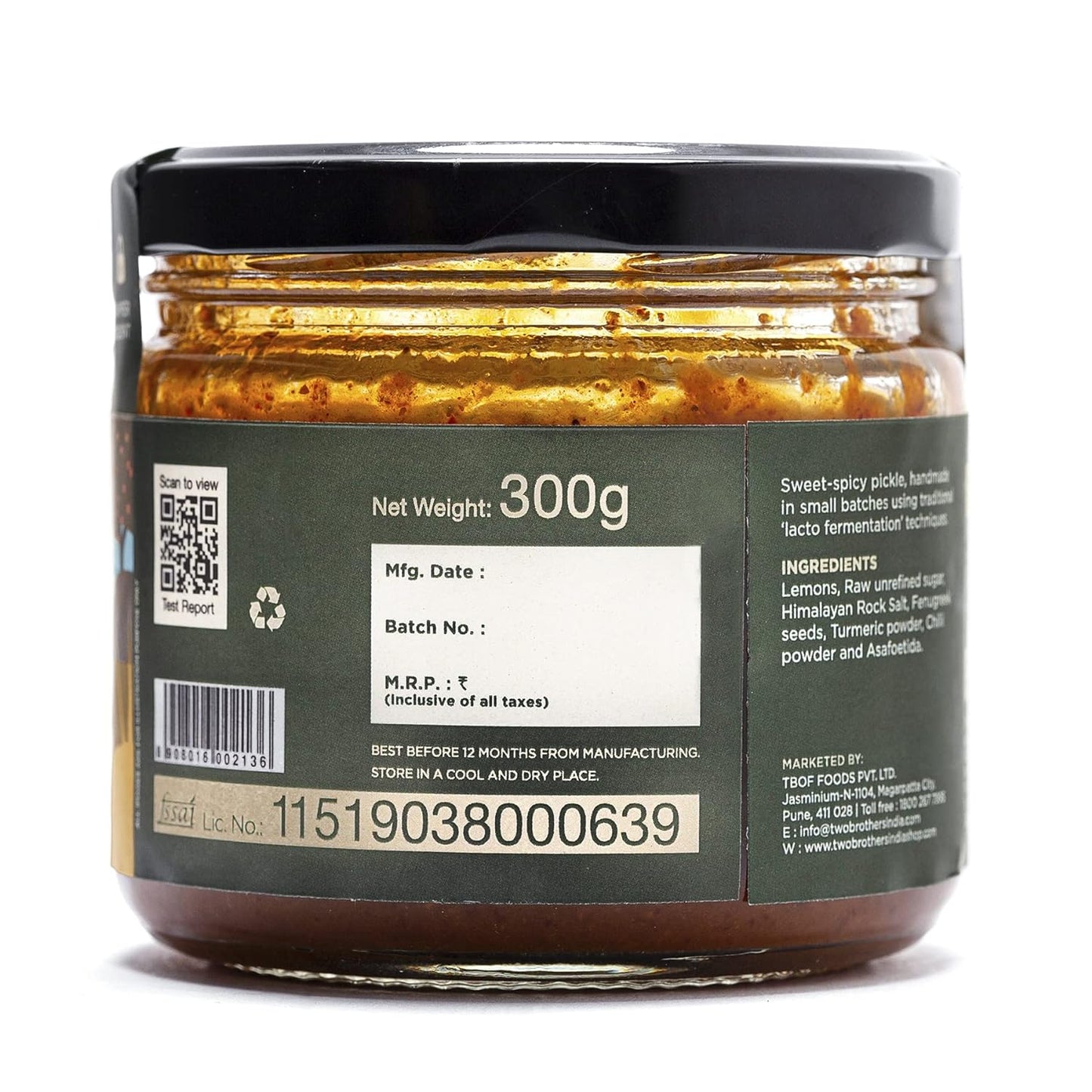 Two Brothers Organic Farms Oil Free Lemon Pickle - 300g