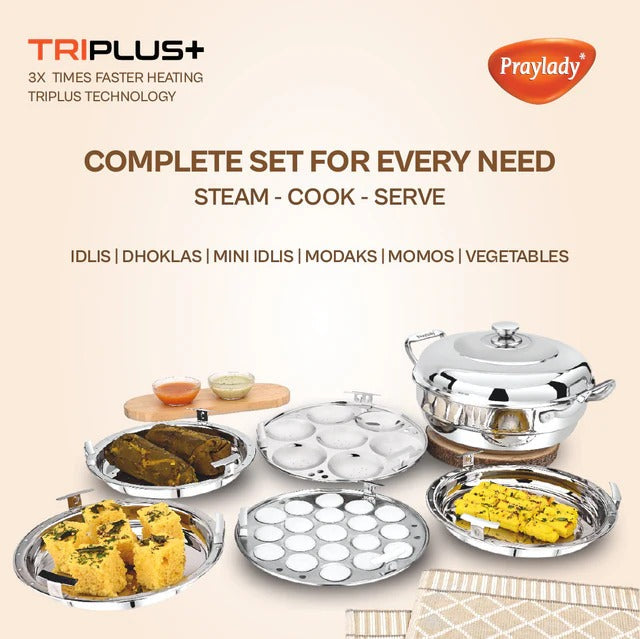 PrayLady Triplus Triply SS Multi Kadai 5 Plates (2 Idli+2 Mini Idli+1 Steamer) Induction Gas