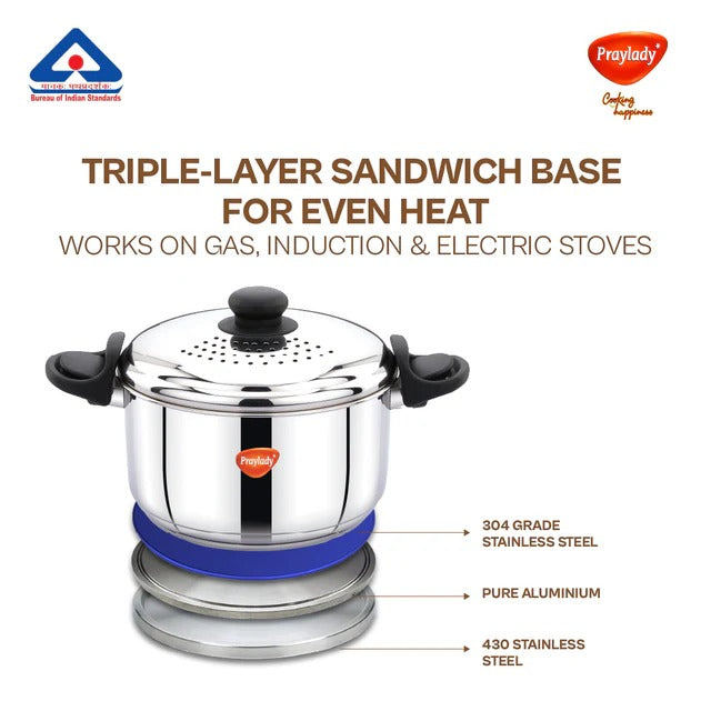 PrayLady Strainer Pro Max 4.2L 304 Grade SS Multi-Purpose Pot with Glass Lid Triply Bottom Idli Cooker 4 Plates Induction Gas