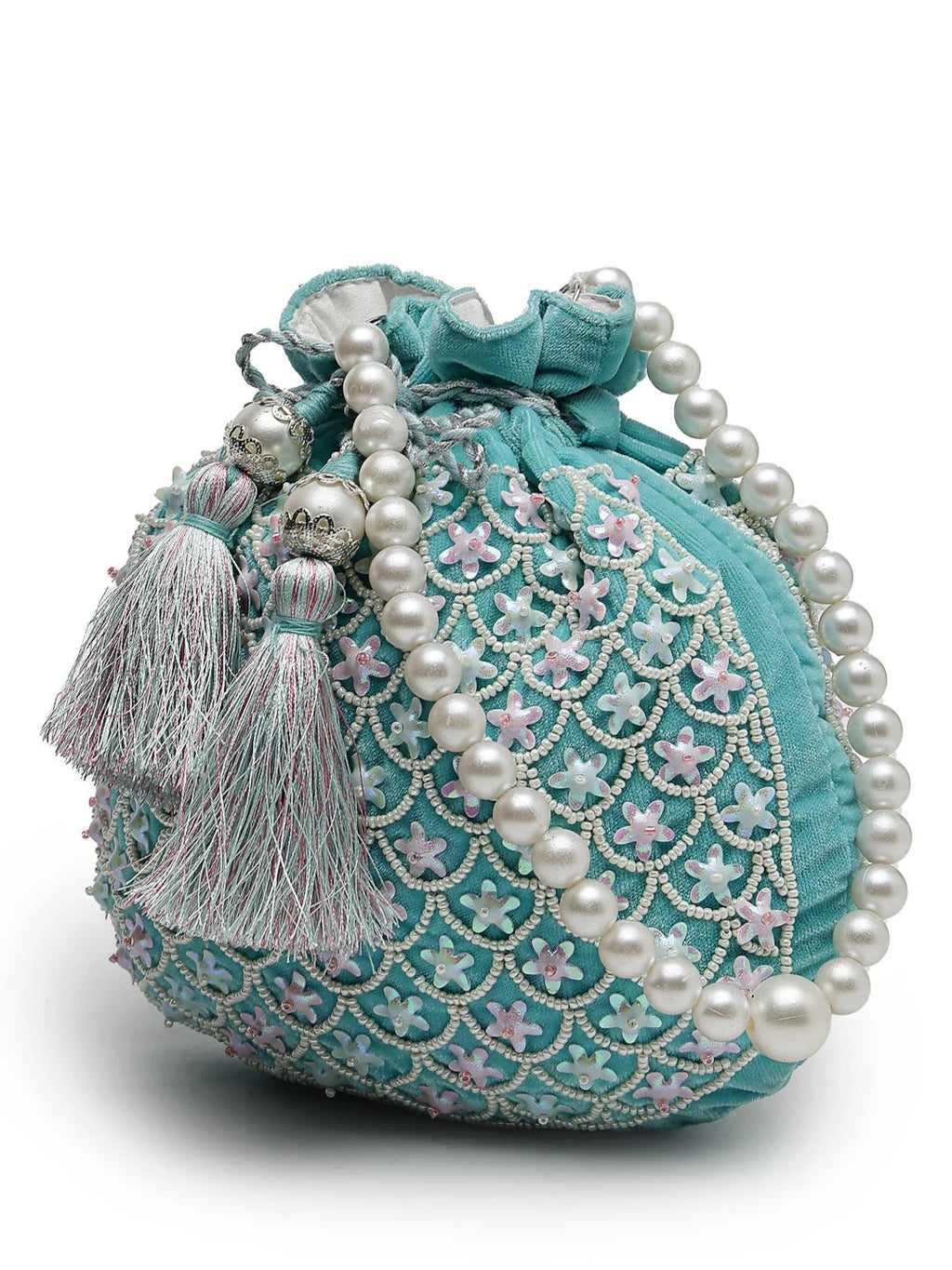 Dangle Fish Scale Embellished Velvet Potli Bag