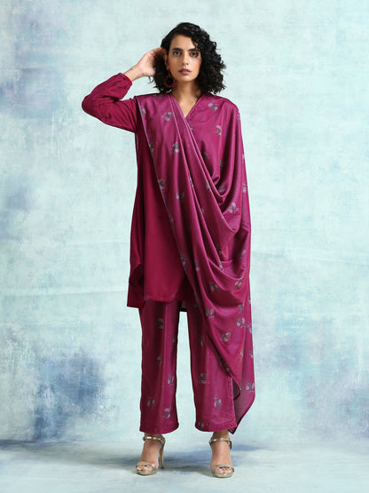 trueBrowns Magenta Printed Velvet Shawl