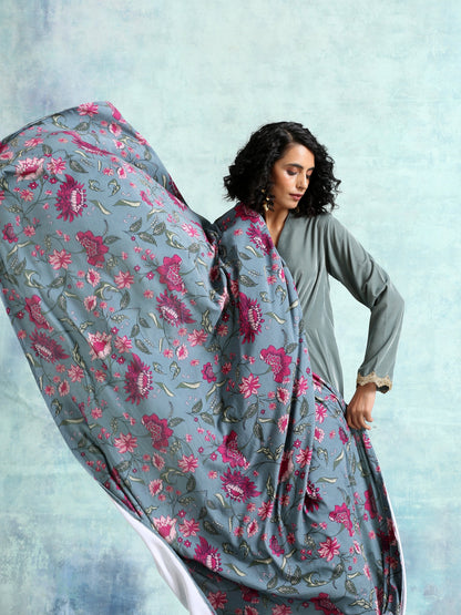 trueBrowns Grey Printed Velvet Shawl