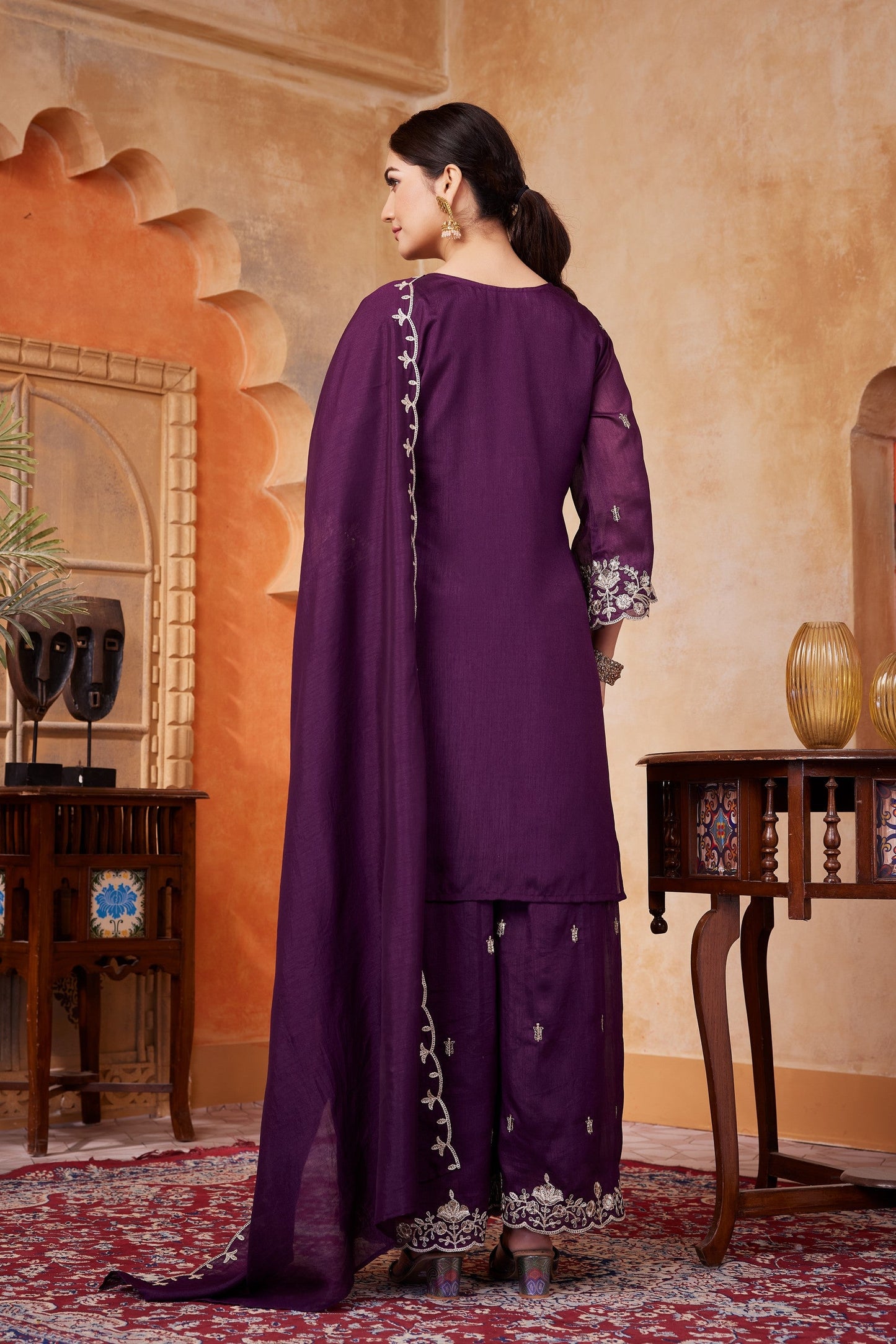 Anaita Wine Readymade Suit with Embroidery Work