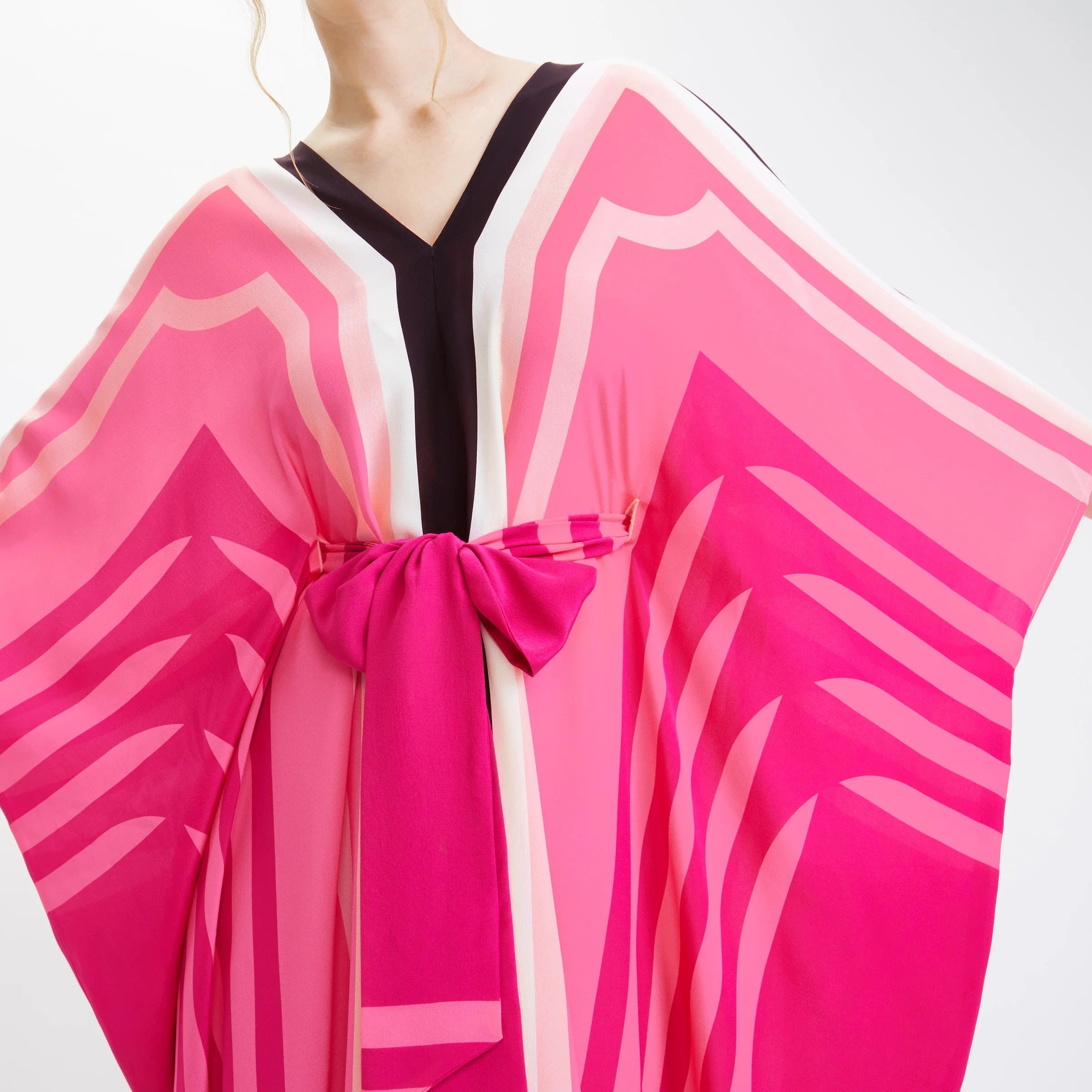 Pink Silk Crepe Kaftan With Belt, Caftan For Women's