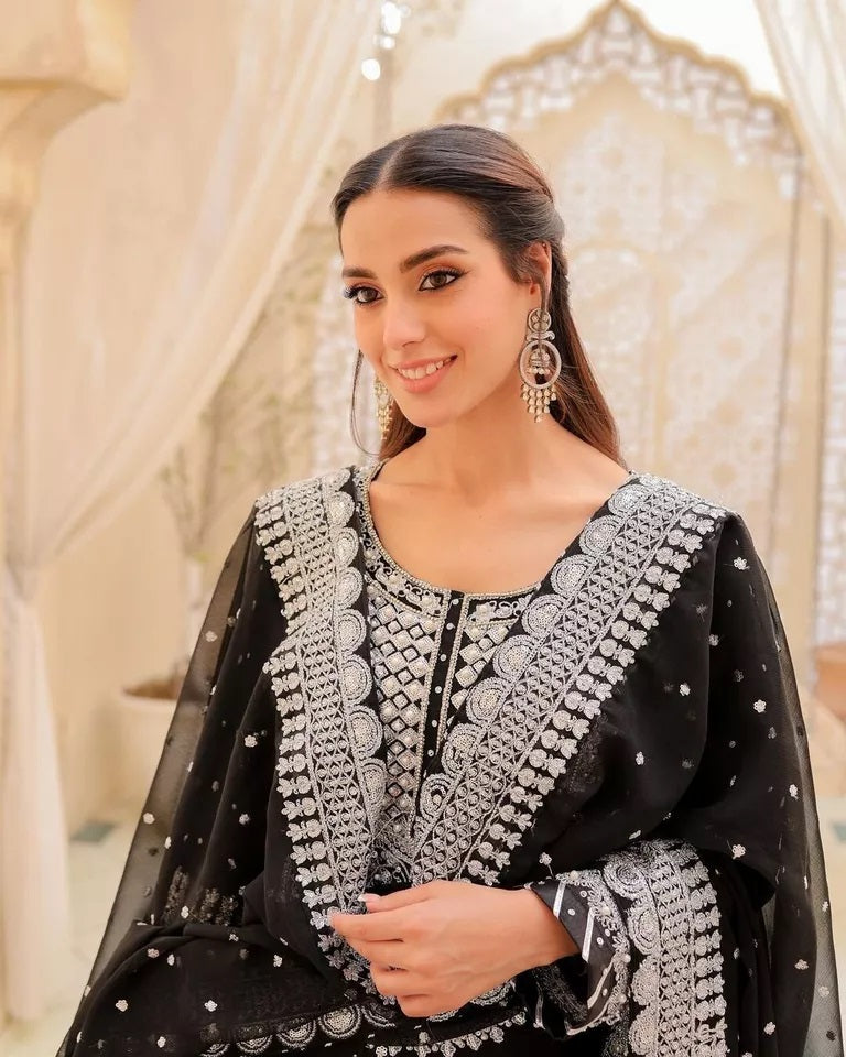 Faux Georgette Sequence Work With Front Side Work Top Sharara With Dupatta