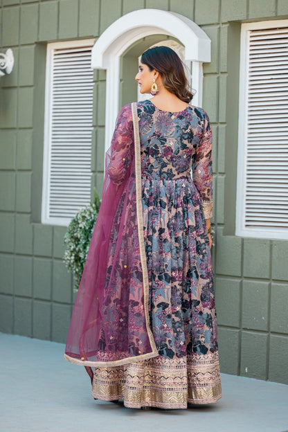 Anaita Grey Tabby Silk Stitched Anarkali Suit With Thread & Sequence Work