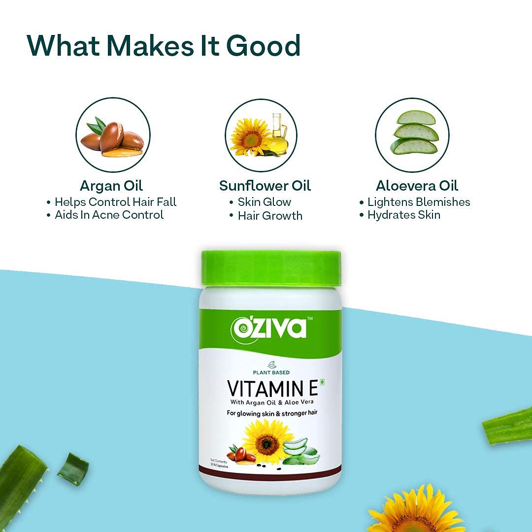 OZiva Plant Based Natural Vitamin E (With Argan oil + Aloe vera) - 30 Veg Capsules