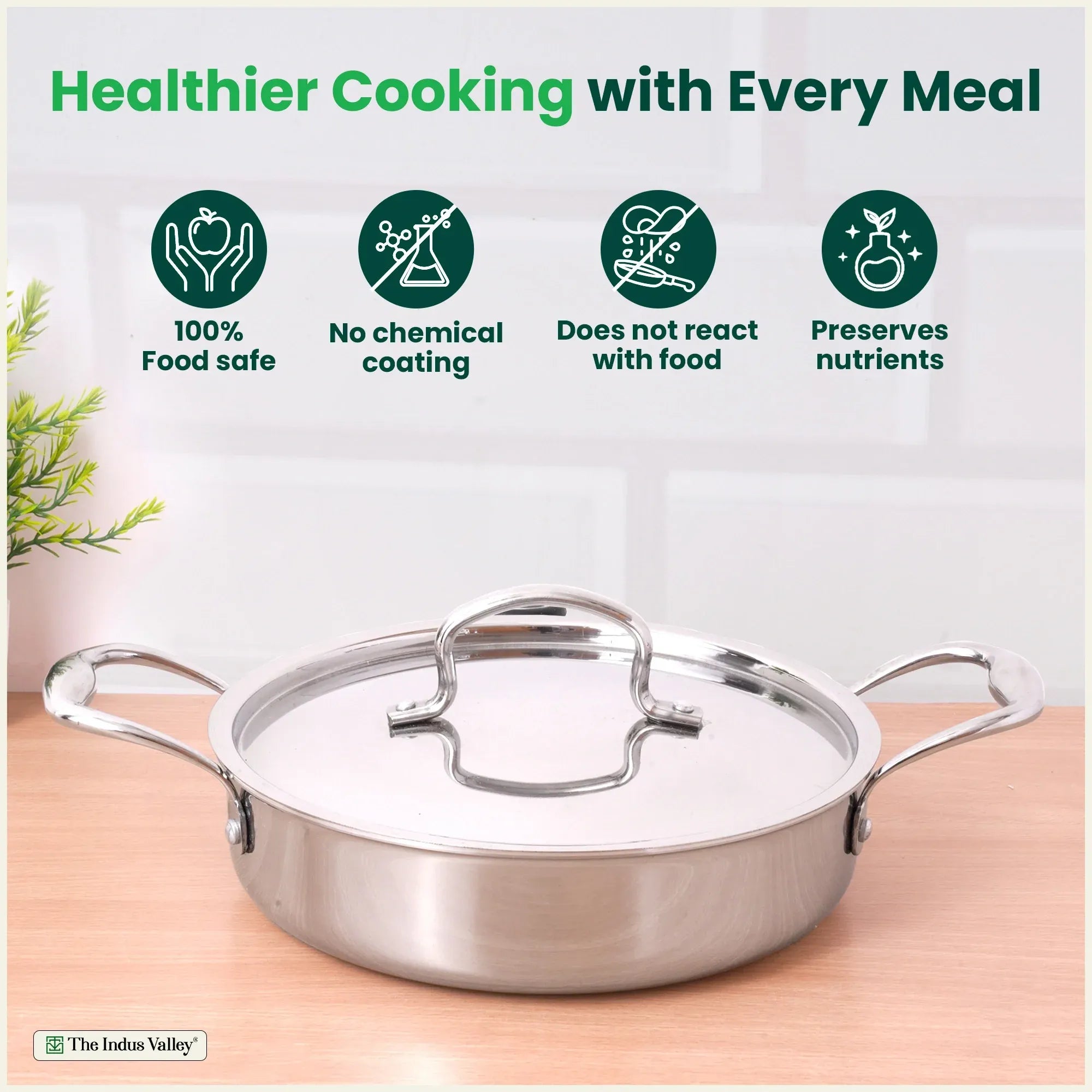 The Indus Valley Tri-Ply Stainless Steel Saute Pan 22cm 2L with Steel Lid