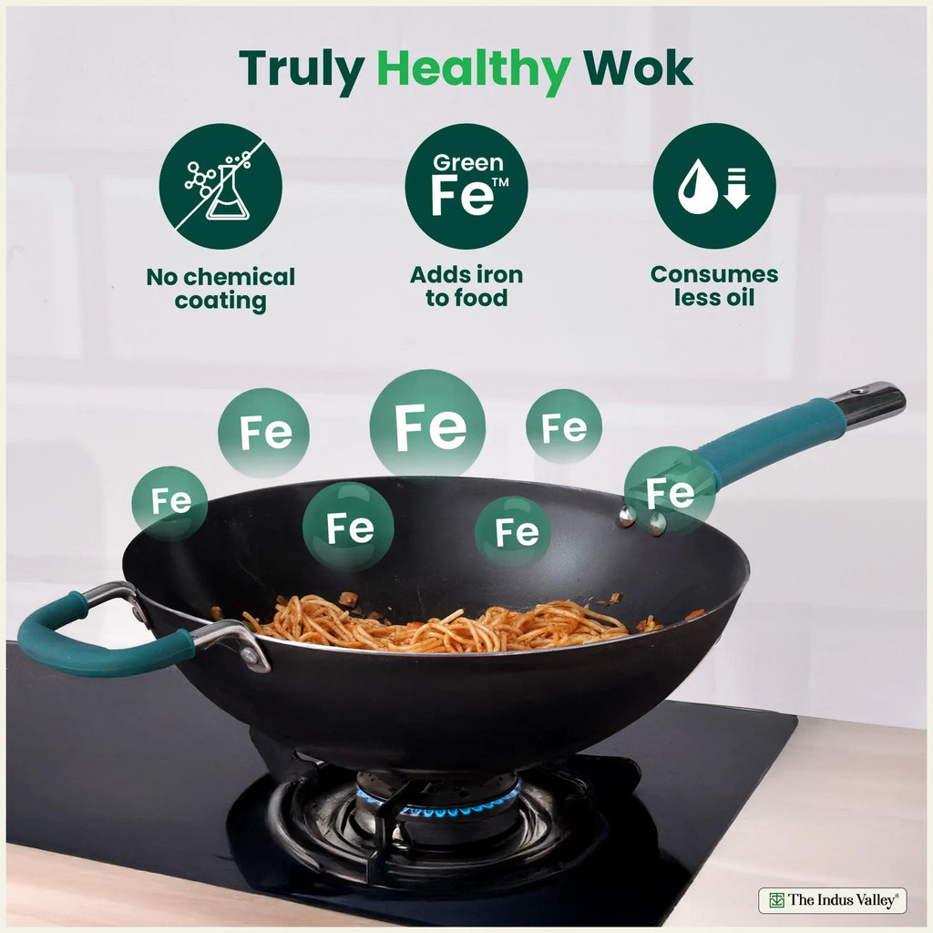 The Indus Valley 100% Pure Sheet Iron Wok with Silicone Handle 4L 30cm