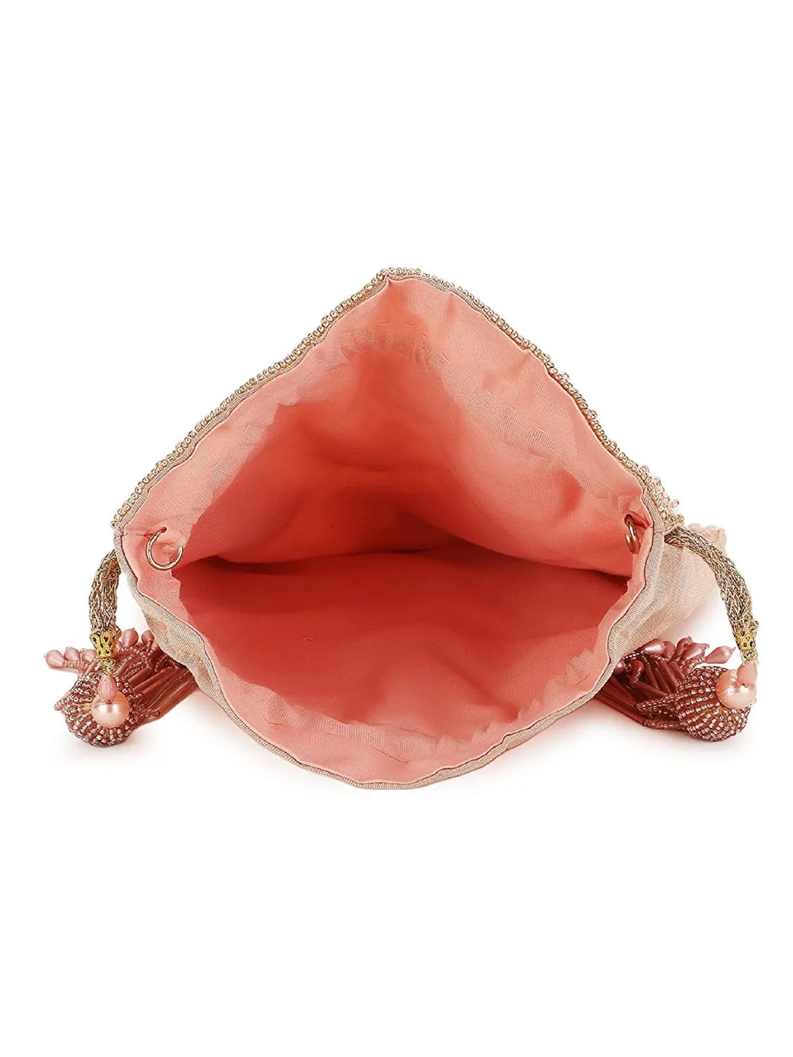 Dusky Pink & Gold Floral Embellished Faux Silk Potli Bag
