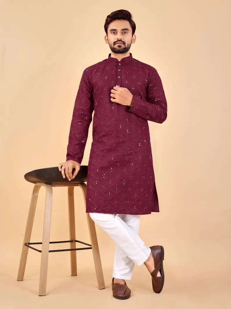 Soft Cotton Embroidery Mirror Work Men's Kurta Pajama Set