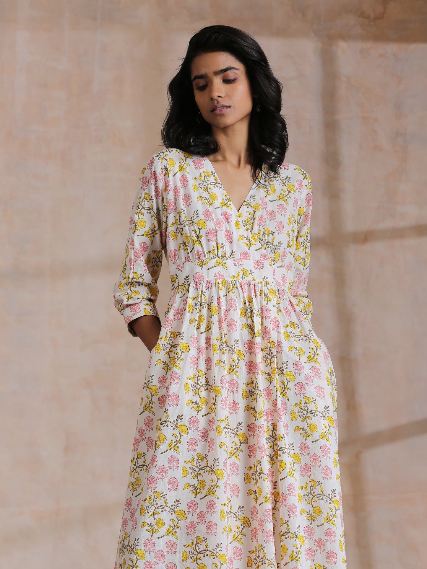 trueBrowns Pink Yellow Floral On White Block Print Cotton Wrap Dress | Relove