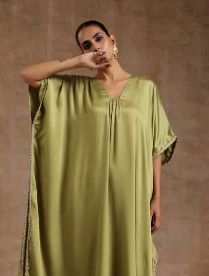 trueBrowns Light Green Modal Satin Kaftan Kurta Set | Relove